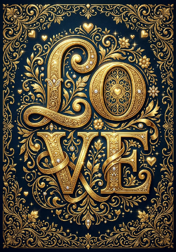 Elegant guld "Love" typografi med dekorativa element mot en subtil varm bakgrund i porträttorientering