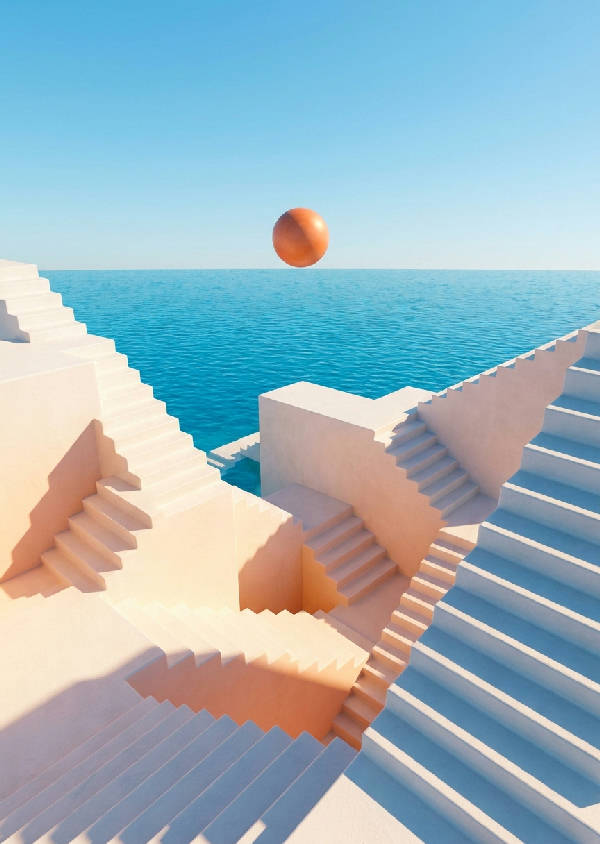 Hyperrealistisk 3D-rendering av oändliga släta putsade trappor som leder ner i ett livfullt turkost hav. En glödande terrakottasfär svävar på himlen med varma dramatiska skuggor.