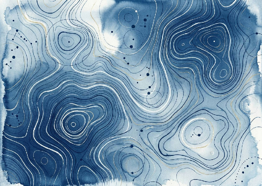 Abstrakt cyanotyp av måntopografi med virvlande linjer, geometriska cirklar och stjärnbilder i indigo, vitt och guld.