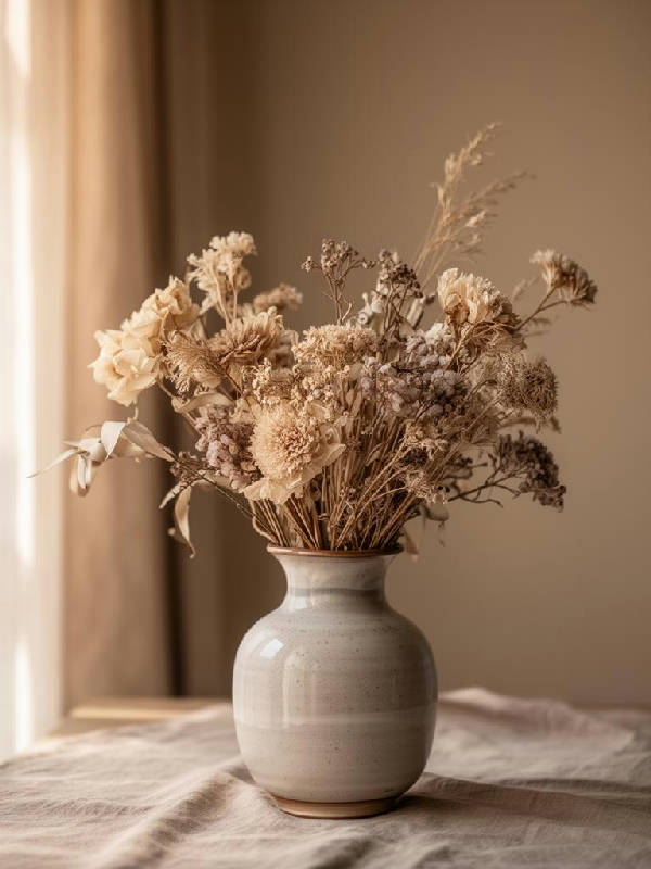 Vertikal bild av en keramikvas med torkade blommor, badad i mjukt, varmt naturligt ljus med subtila skuggor mot en ljus bakgrund.