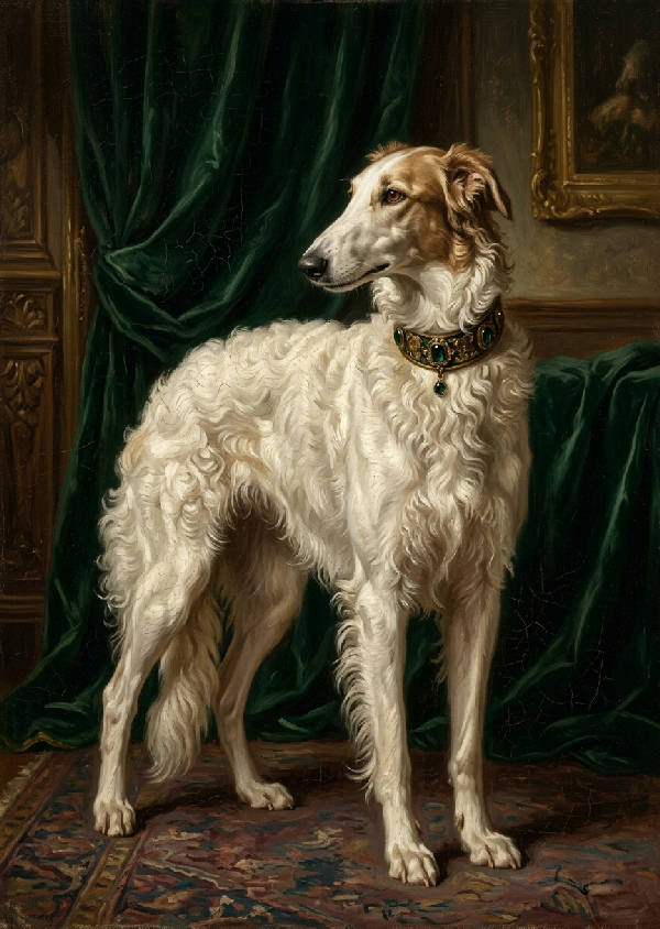 Ett majestätiskt hundporträtt i viktoriansk oljestil med en brun hund i fokus, klädd i kungliga kläder, mot mörk bakgrund.