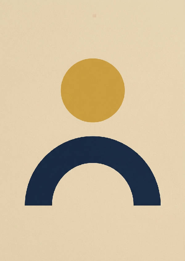 Abstrakt geometriskt mönster med rektanglar och trianglar i senapsgult, marinblått och vitt.