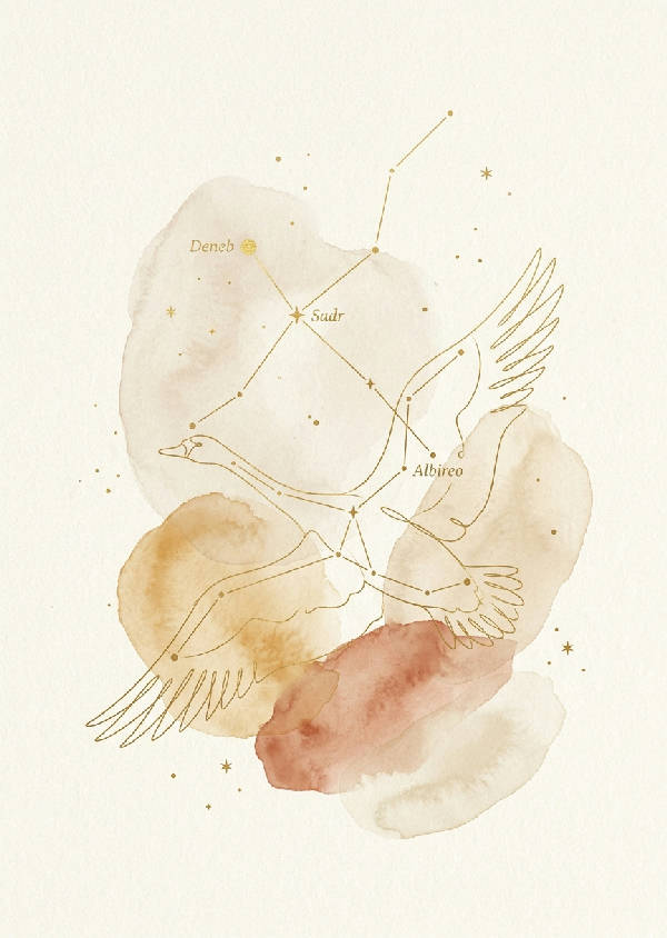 En minimalistisk porträttposter som visar en stjärnbild skapad av mjuka, abstrakta akvarellformer i lugna pastelltoner.