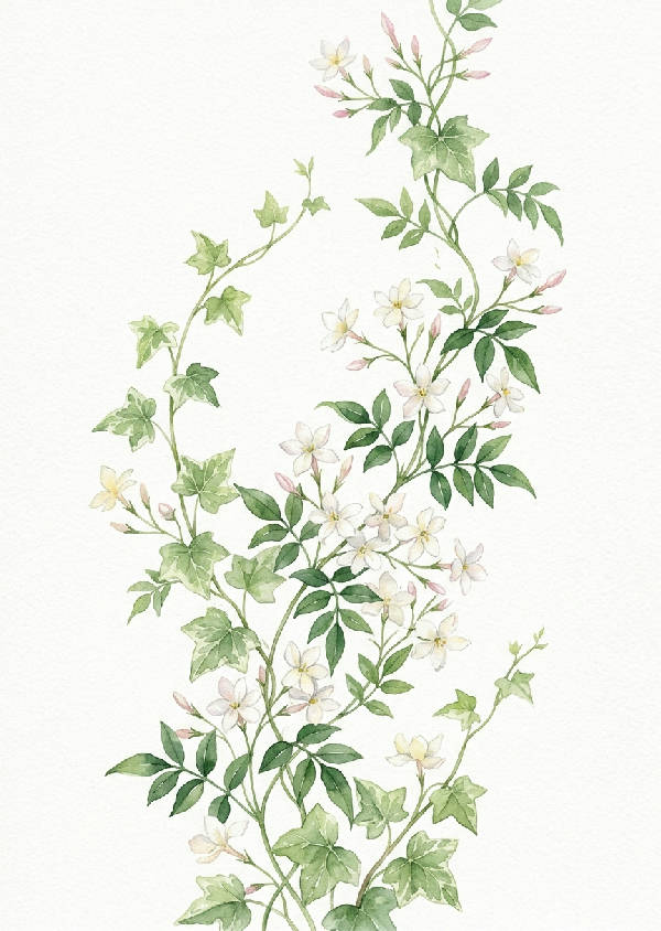 Akvarellmålning i stående format av vita jasminblommor och gröna blad som klättrar uppför en vägg.