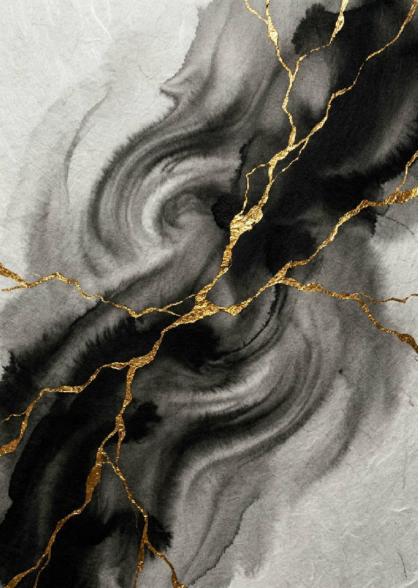 Liggande abstrakt konstposter med svarta sumi-bläckvågor som skärs av glittrande gyllene venmönster.