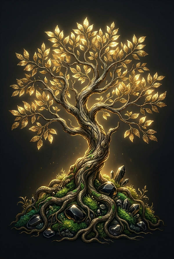 Landskapsorienterad botanisk illustration av ett uråldrigt mystiskt träd med guldlöv och smaragdgrön mossa på svart bakgrund.