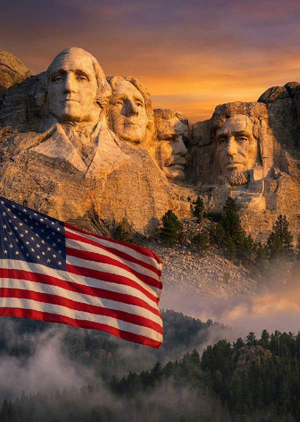 Hyperrealistiskt porträtt av Mount Rushmore badat i gyllene solljus med en amerikansk flagga i förgrunden och dimma över Black Hills.