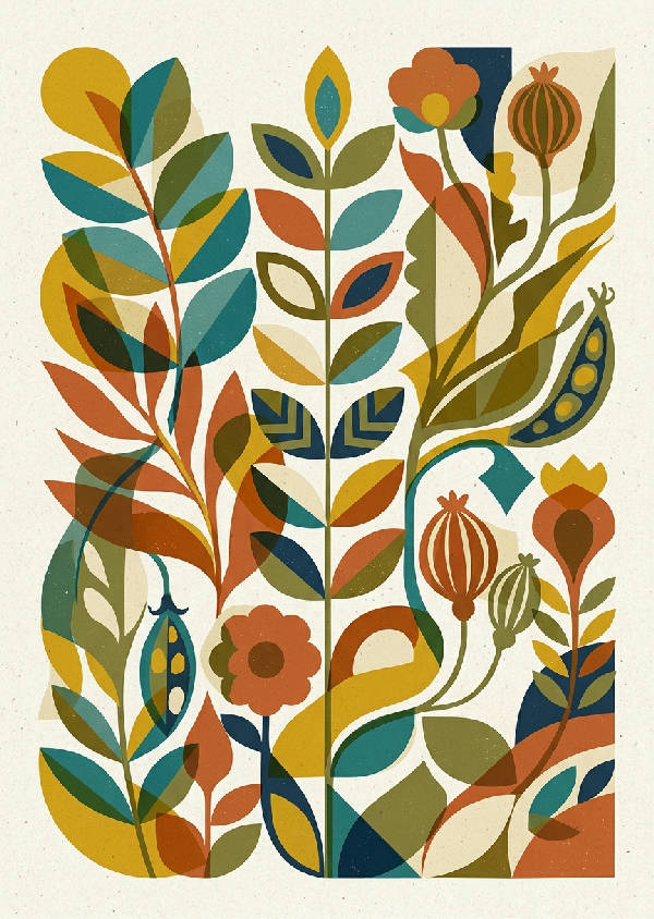 Vertikal bild av abstrakt botaniskt mönster med stiliserade blad och blommor i lila, rosa och orange retrofärger.