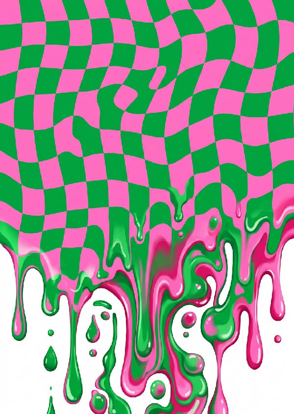 Abstrakt poster med ett smältande schackmönster i mjuka nyanser av grönt och rosa, porträttorientering