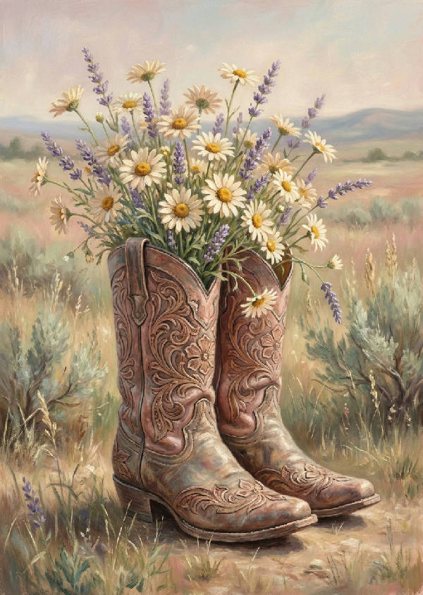 Vintage oljemålning av nötta cowboyboots fyllda med en bukett med prästkragar och lavendel i dammigt solljus.