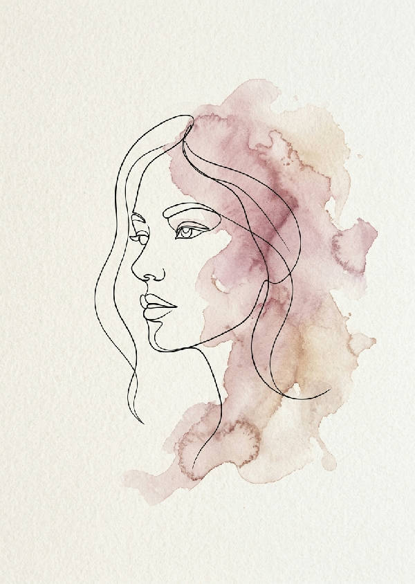 Stiliserat ansikte tecknat med tunna svarta linjer, accentuerat med mjuka rosa akvarellstänk på en ljus, diskret bakgrund.