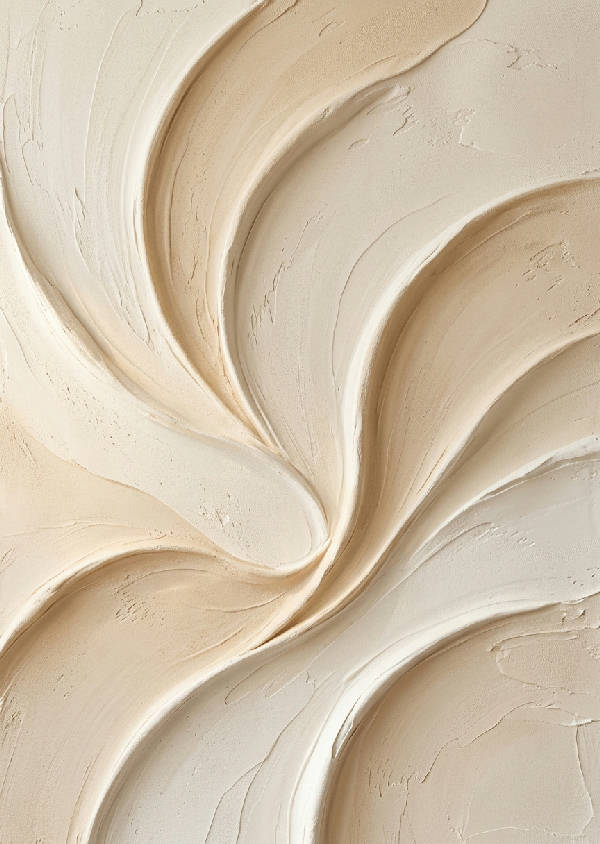 Närbild av en serie mjuka, flytande, abstrakta 3D-vågor i olika nyanser av beige och grädde, med skuggor som ger djup och textur.