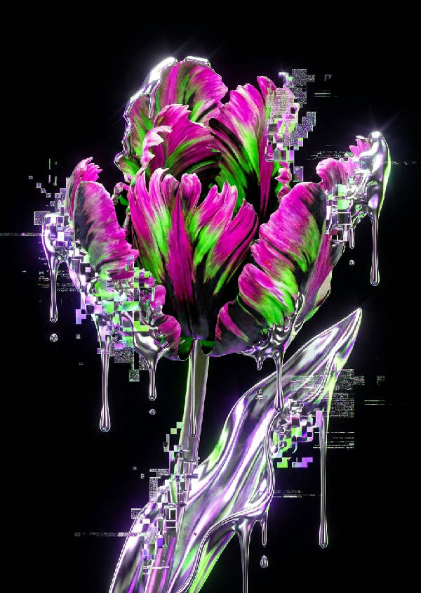 Närbild av en surrealistisk paradistulpan formad av flytande krom och pixlade fragment i magenta och grönt mot svart bakgrund.