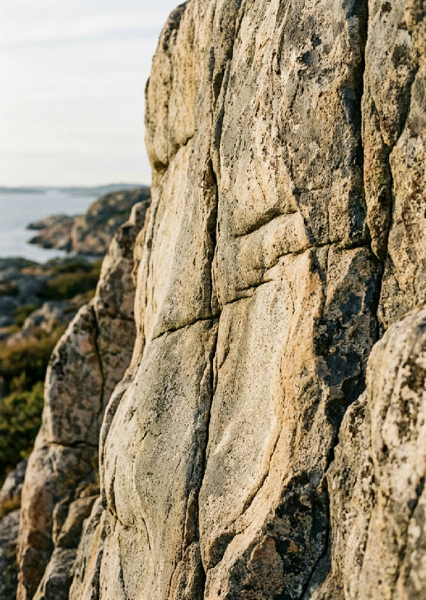 Närbild av solbelysta granitklippor från Bohusläns kust med mjukt fokus, varmgråa nyanser och krämvit textur