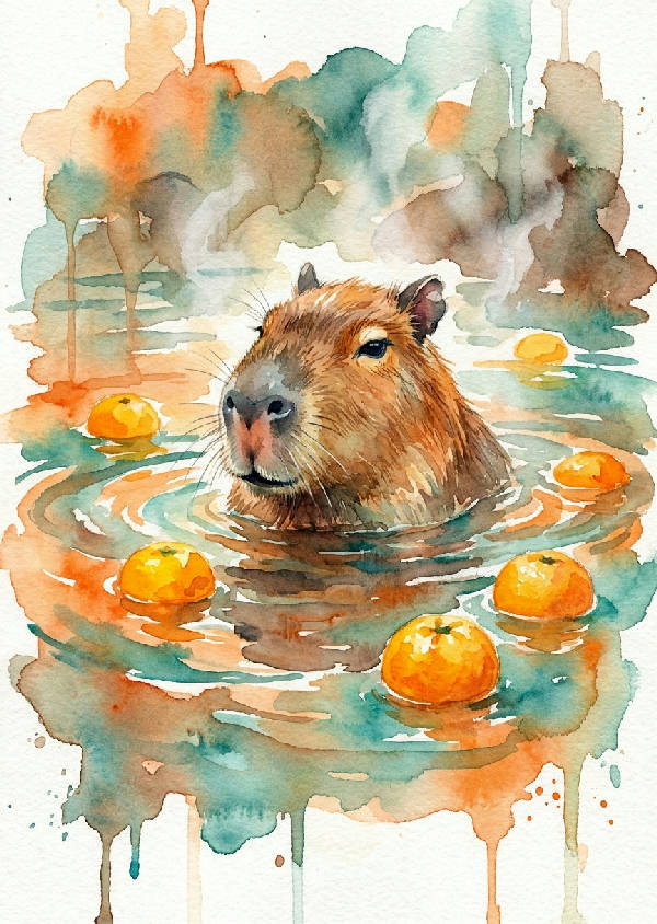 Lös akvarellmålning av en avkopplad capybara som badar i en varm källa omgiven av flytande yuzufrukter och ånga.
