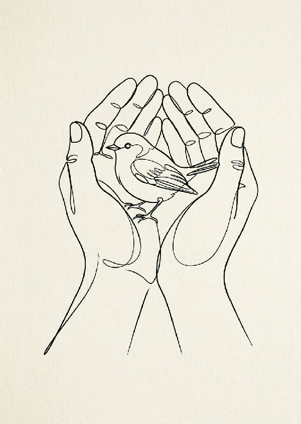 Enkel line art illustration föreställande två händer som möts elegant på en ljus bakgrund.