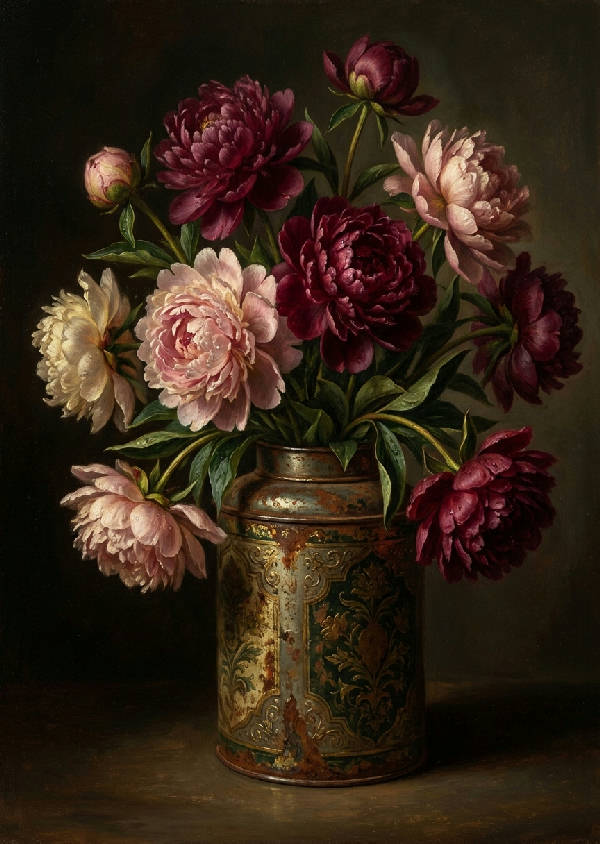 Klassisk oljemålning av en överdådig, slokande bukett med pioner i en antik, rostig tepurk, med dramatiskt chiaroscuro-ljus.