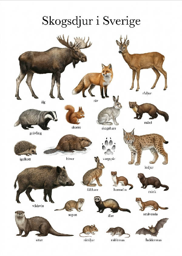 Detaljerad minimalistisk illustration av svenska skogsdjur som rådjur, älg, räv, ekorre och bäver, med deras namn under på en vit bakgrund.