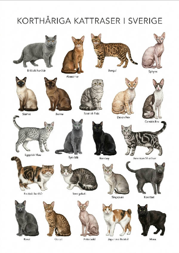 Detaljerad illustration av över 20 olika korthåriga kattraser, inklusive British Shorthair, Sphynx, Bengal och Siames, med deras svenska namn.