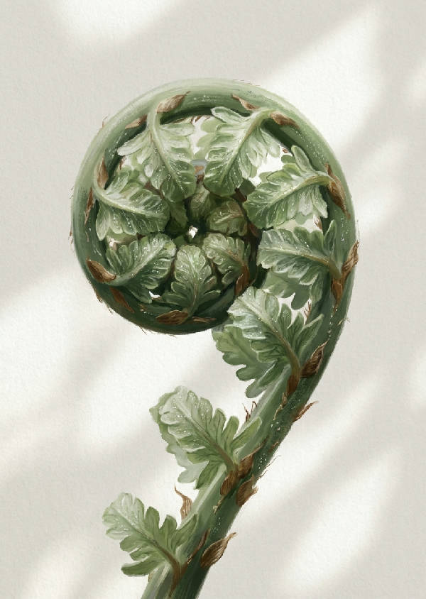 Närbild av en ormbunksblad som rullas ut, med intrikata detaljer, textur och mjuka kurvor i sagegrönt och stjälk i jordbrunt.