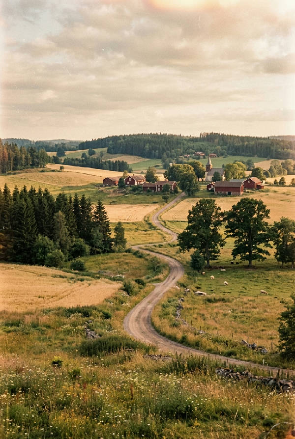 Fridfullt landskapsfoto av lantlig idyll med gröna fält, lövträd och en lugn himmel. En känsla av stillhet och natur.