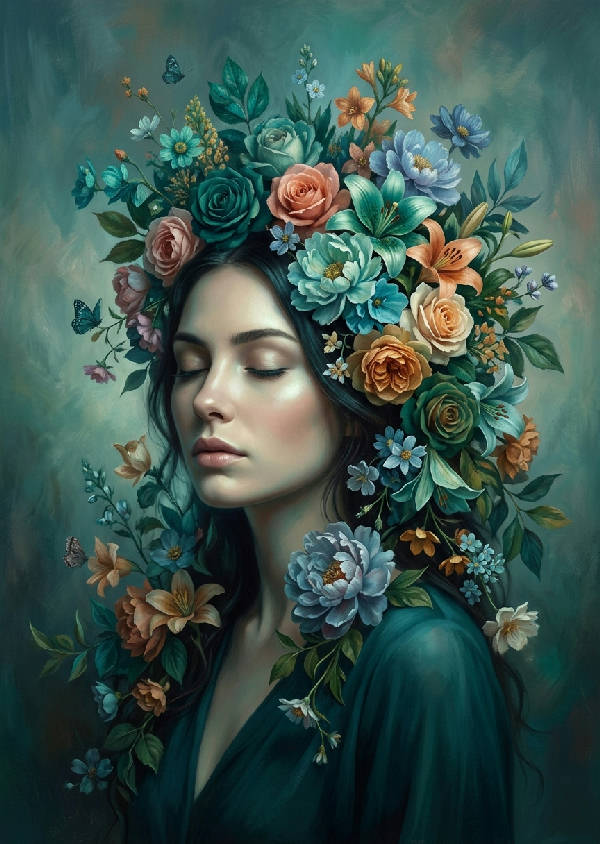 Konstnärligt porträtt av kvinna med slutna ögon och färgglada blommor i håret, i dominerande toner av teal och grönt med dramatisk belysning.