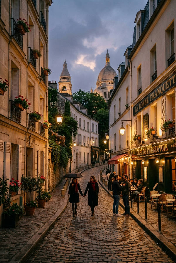 Romantisk illustration av en Parisgata i skymningen med parisiska byggnader och mjuk atmosfärisk glöd.