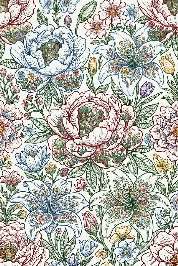 Närbild av surrealistiska blomsterformer tecknade med enkla linjer på vitt papper, med bilder i bilder.