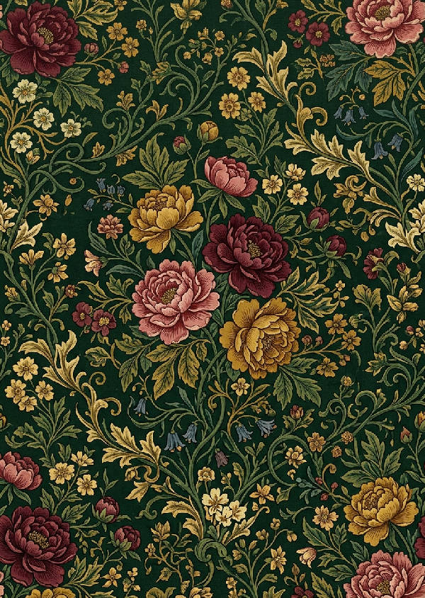Närbild av ett detaljerat vintage blommönster med rosor och blad i mjuka rosa och gröna toner.