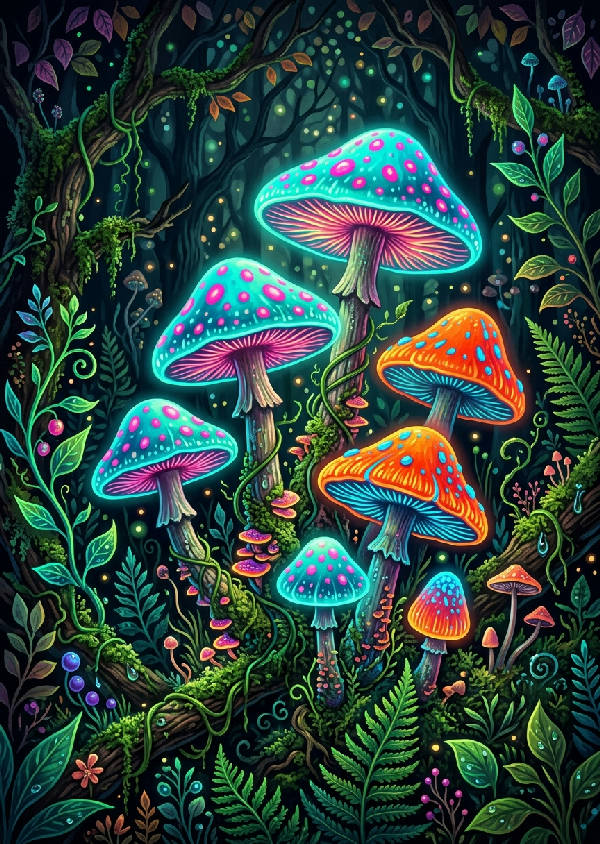 Närbild på en samling magiska svampar som glöder i livfulla neonfärger av lila, rosa och blått, mot en mörk bakgrund.