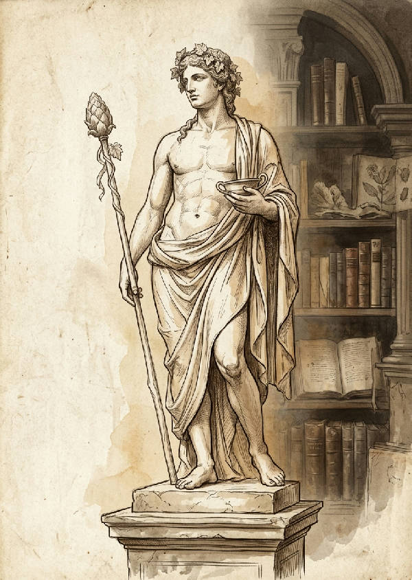 En klassisk figurstudie av en mänsklig kropp, skissad i bruna och sepiatoner på texturerat antikt papper.