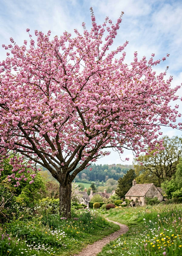 Närbild av ett blommande träd med delikat rosa blommor i full prakt under våren, mot en mjukt suddig grön bakgrund