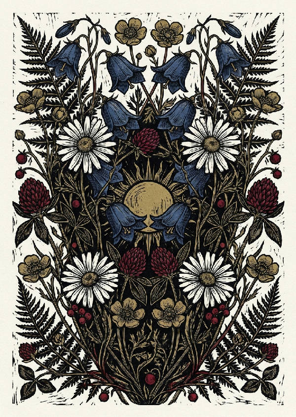 Linocut blocktrycksaffisch med symmetriska, sammanflätade svenska midsommarvildblommor i svart, djuprött och guld mot en off-white bakgrund.