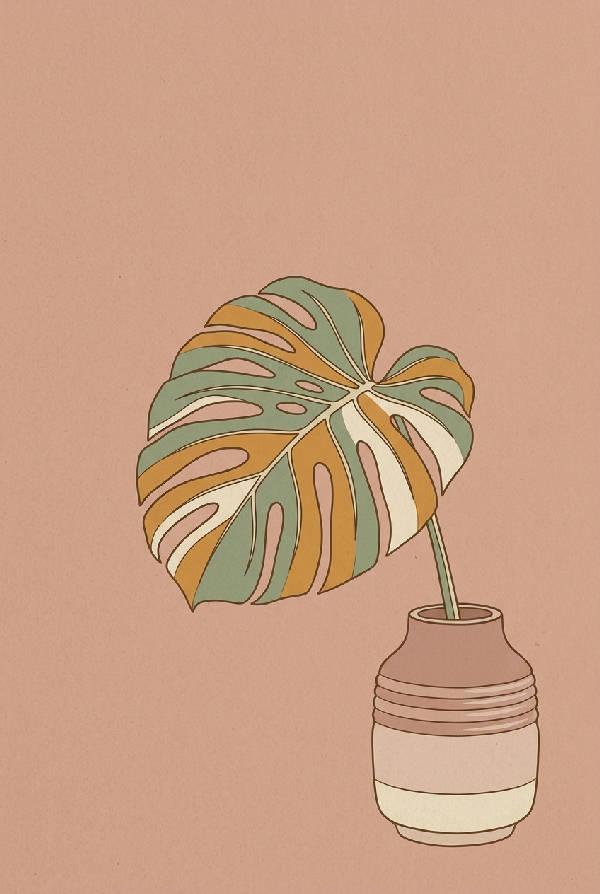 Vintage botanisk illustration av ett stiliserat Monstera-blad i en räfflad vas. Mjuka pastellfärger.