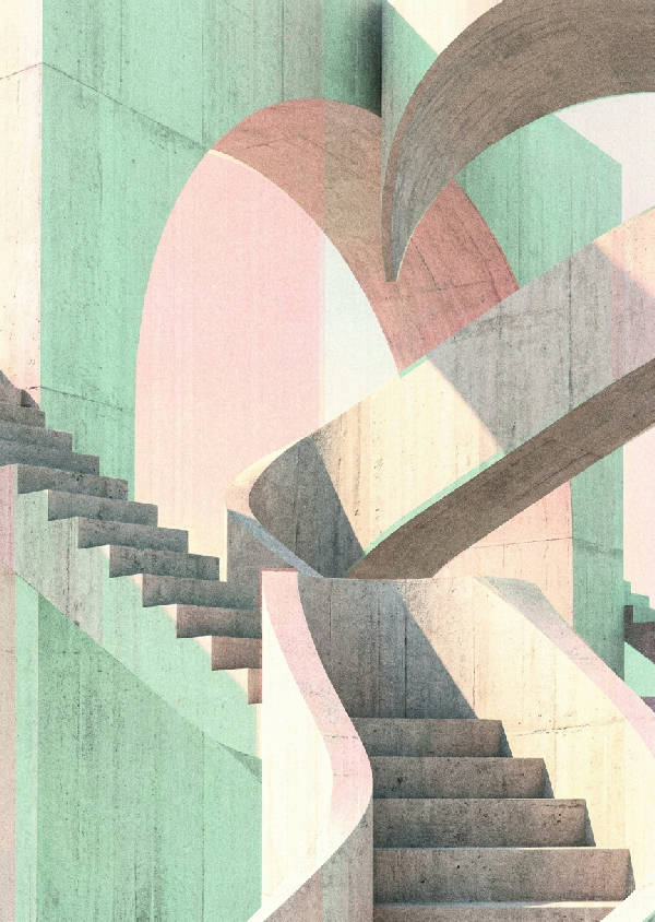 Minimalistisk risografstil av abstrakt brutalistisk arkitektur med tunga betongtrappor och svepande böjda valv badade i mjukt, diffust morgonljus med en kornig trycktextur i mintgrön, rouge, betonggrå och varm elfenben.