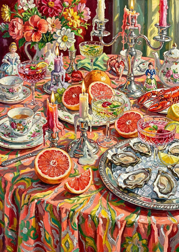 Popkonstmålning av ett överdådigt sommarbord dukat med halverade grapefrukter, ostron, kristallglas och smältande ljus på en volangtygsduk i rött, korall, silver, smaragdgrönt och gult.