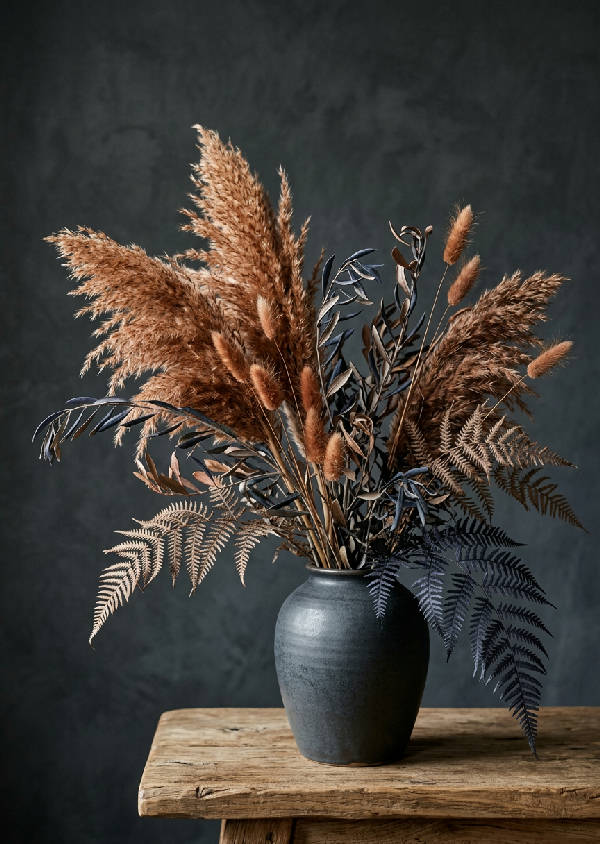 Detaljerad fotorealistisk still life med torkat pampasgräs, olivkvistar och ormbunkar i mjukt morgonljus.