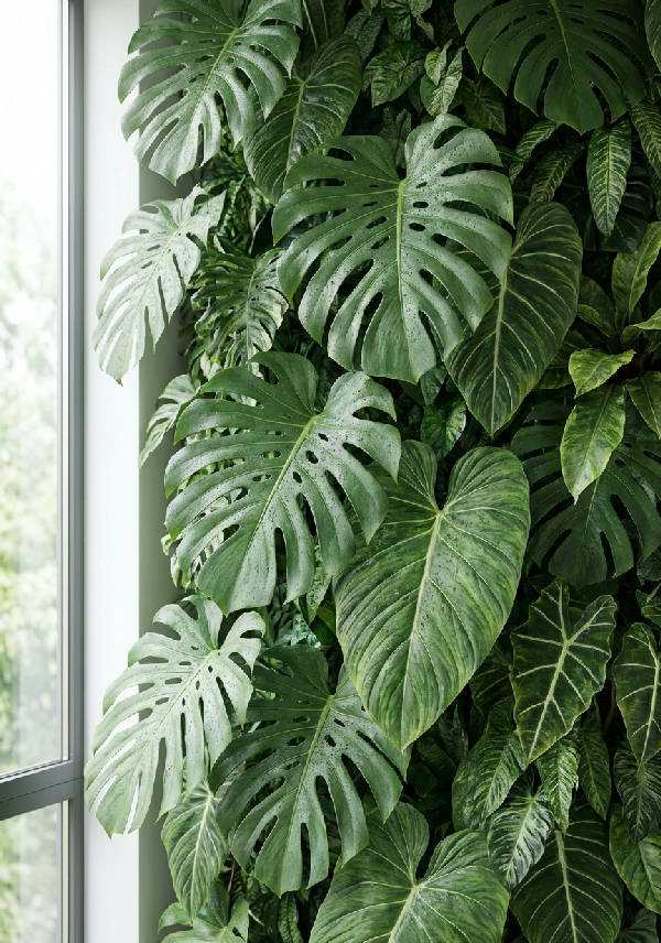 Närbild av ett hyperrealistiskt monstera blad med synliga nervtrådar, daggdroppar och mjukt naturligt ljus bakifrån