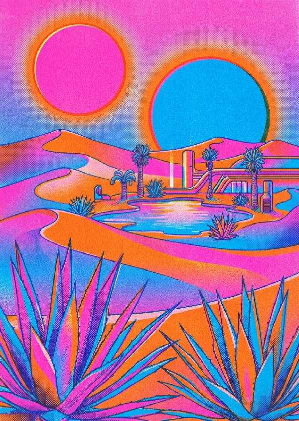 Surrealistiskt ökenlandskap med jätteagaveplantor, sanddyner och två solar i rosa, blå och orange risografstil.