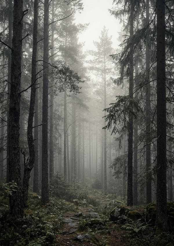 Vertikal bild av en dimmig grön skandinavisk barrskog med täta barrträd och en lugn atmosfär i zen-stil.