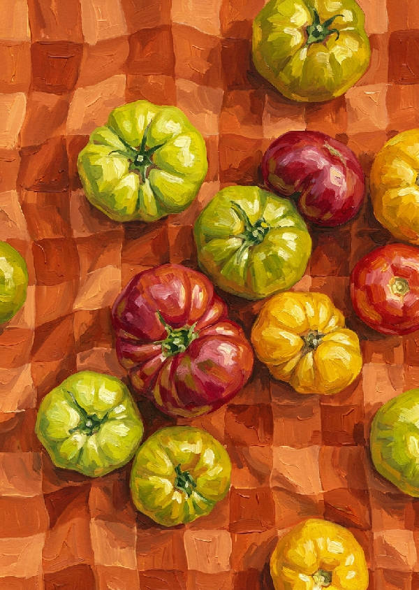 Gouachemålning av färgglada tomater utspridda på en vågig orange rutig picknickfilt med synliga penseldrag.