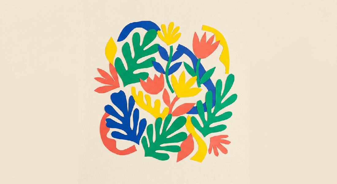 Abstrakt botanisk konst i Matisse-stil med koboltblå, smaragdgrön, solgul och korallröd. Organiska former på beige bakgrund.