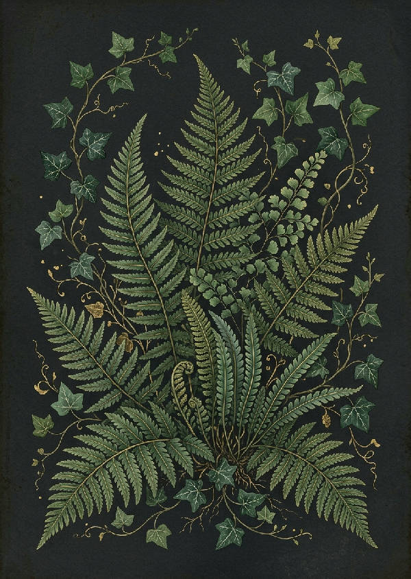 Vertikal vintage botanisk illustration av en ormbunke med detaljerade gröna blad mot en mörk bakgrund. Ljuset framhäver ormbunkens fina struktur och textur.
