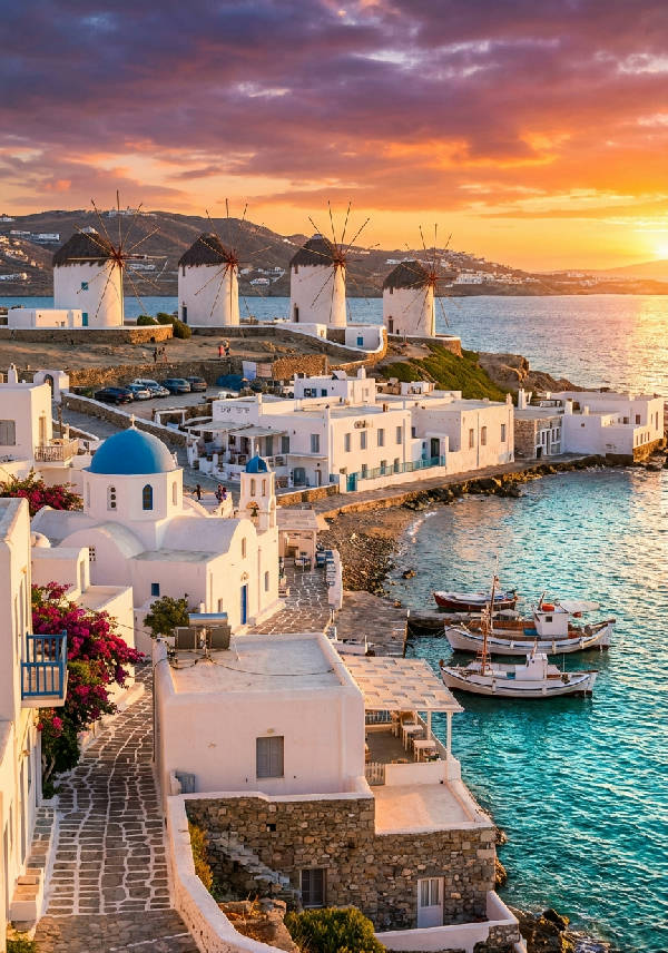 Hyperrealistisk bild av Mykonos vita väderkvarnar i silhuett mot en eldig solnedgångshimmel, turkost hav och blå kupoler på kullarna. Mjukt varmt ljus badar landskapet.