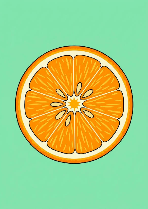 En stilren, minimalistisk bild av en skiva saftig apelsin med vita kärnor centrerad på en lugn mintgrön bakgrund, i porträttformat.