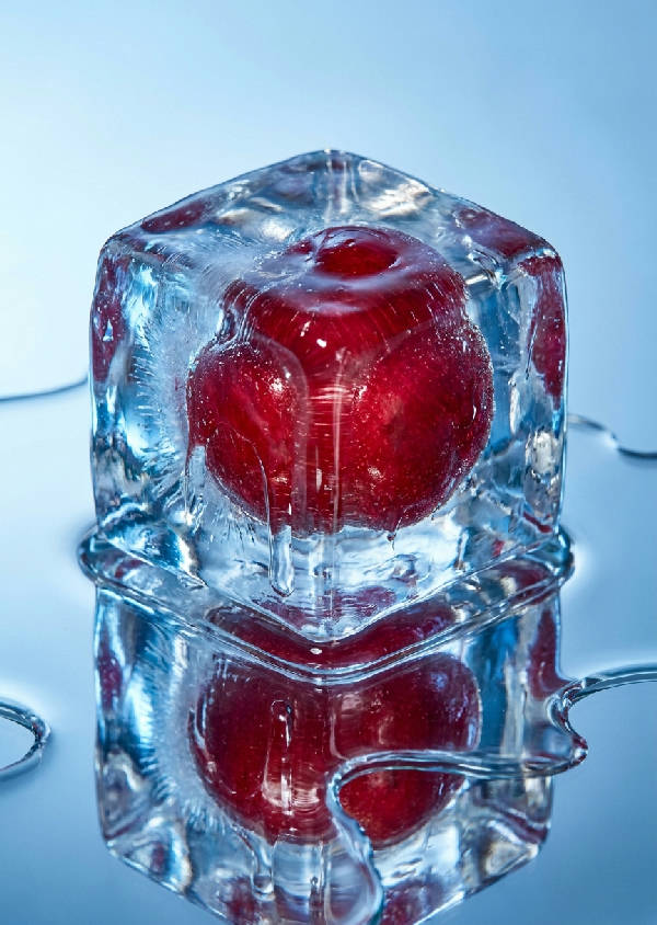 Vibrant rött körsbär i delvis smält iskub på spegelblank kromyta. Isig blå belysning belyser futuristiska texturer och röd färg.