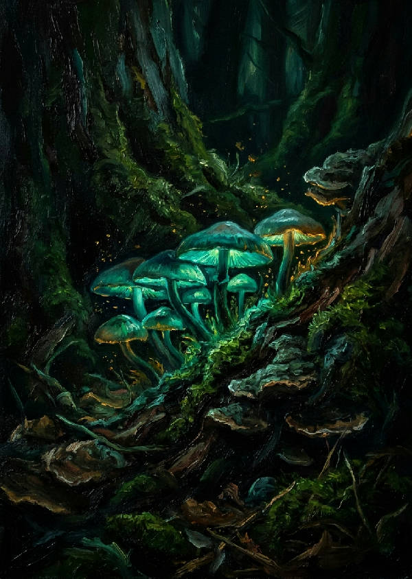 Glödande bioluminescerande svampar på mörk bark i oljemålning. Turkosa och smaragdgröna svampar i chiaroscuro-stil.