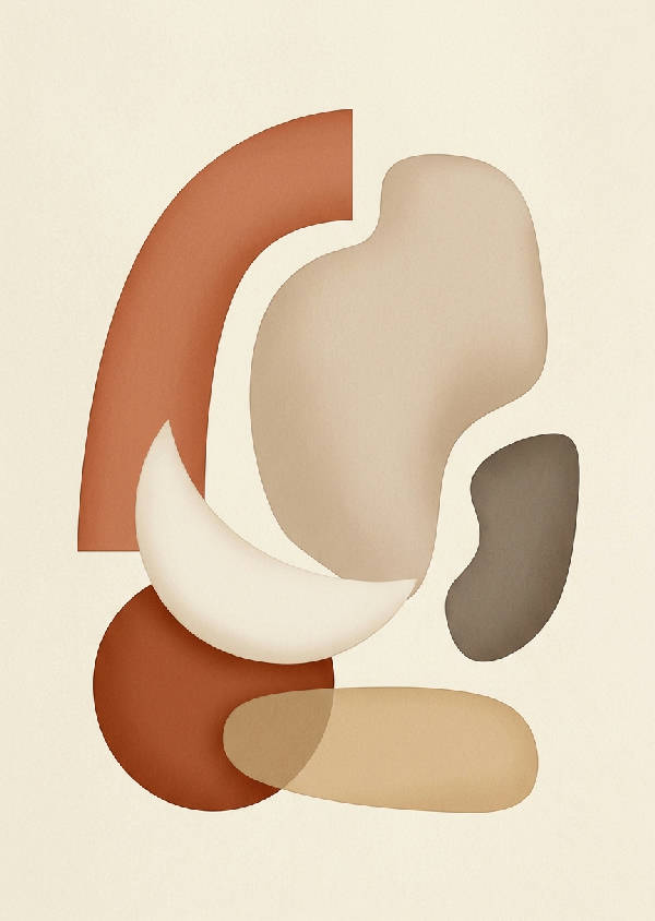 Abstrakt poster med varma, jordnära geometriska former i nyanser av beige, terrakotta och orange, vertikalt format.