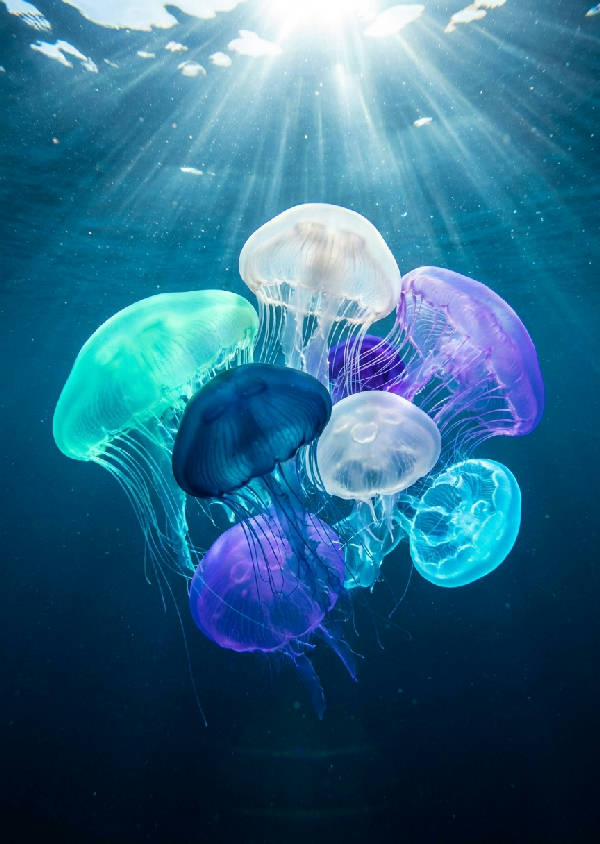 Närbild på en grupp självlysande maneter som svävar i djupt, klart havsvatten med solstrålar som lyser upp dem.