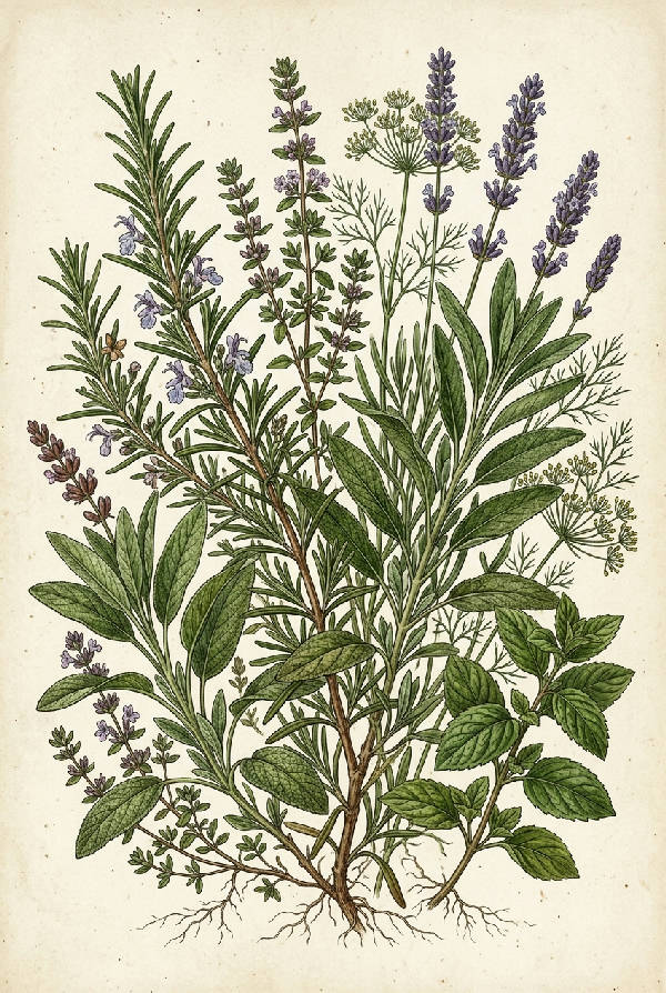 Närbild av en detaljerad illustration av olika medicinalväxter på en ljus bakgrund, i grön färgton.